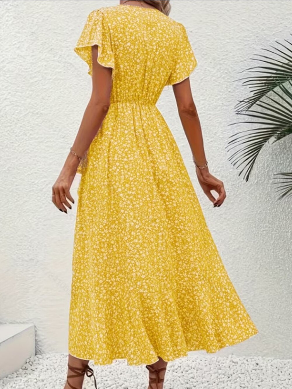 Yellow Floral Wrap Midi Dress - Lightweight Summer Dress - Picture 2 of 3